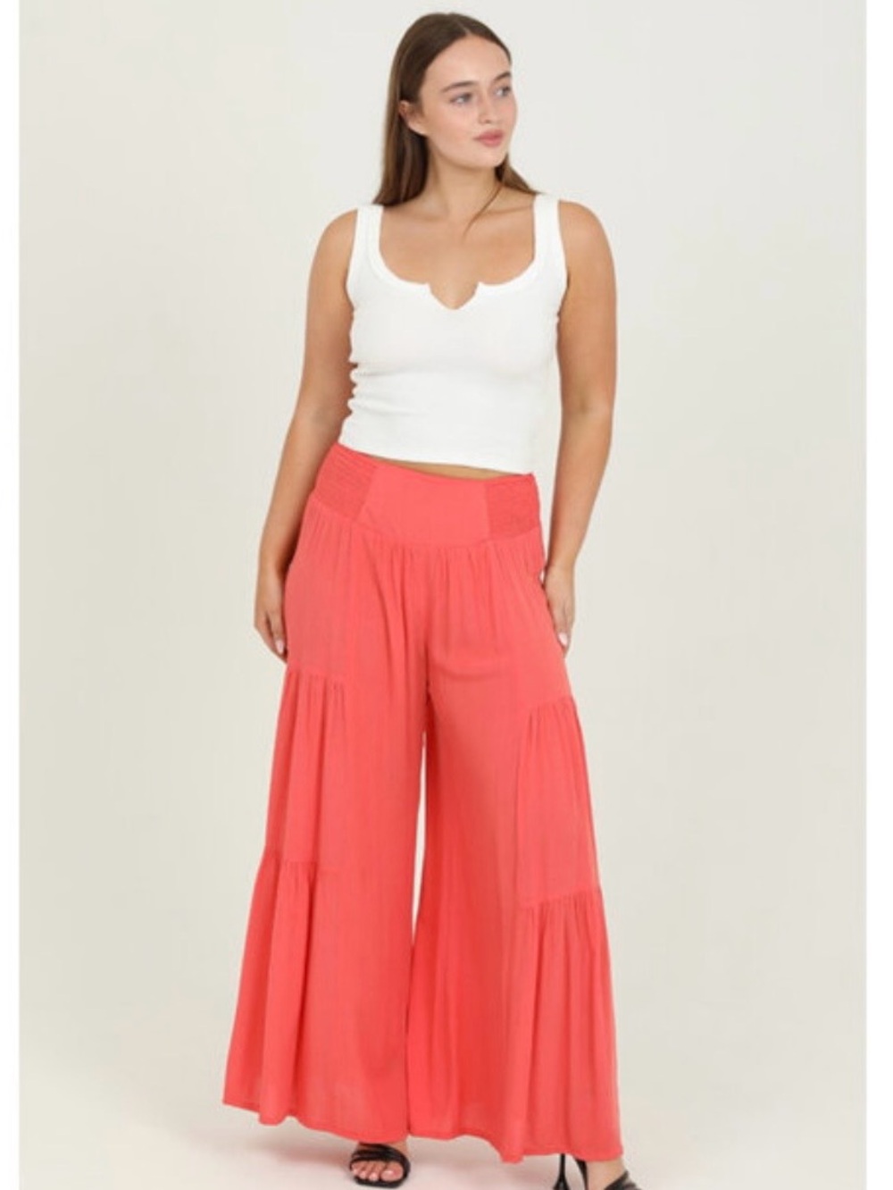Angie Coral Wide-Leg Tiered Palazzo Pants